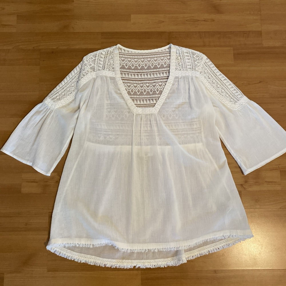 Fat Face Beachwear 100% Cotton‎ Boho Popover Peasant Gauze White Top -Size 10